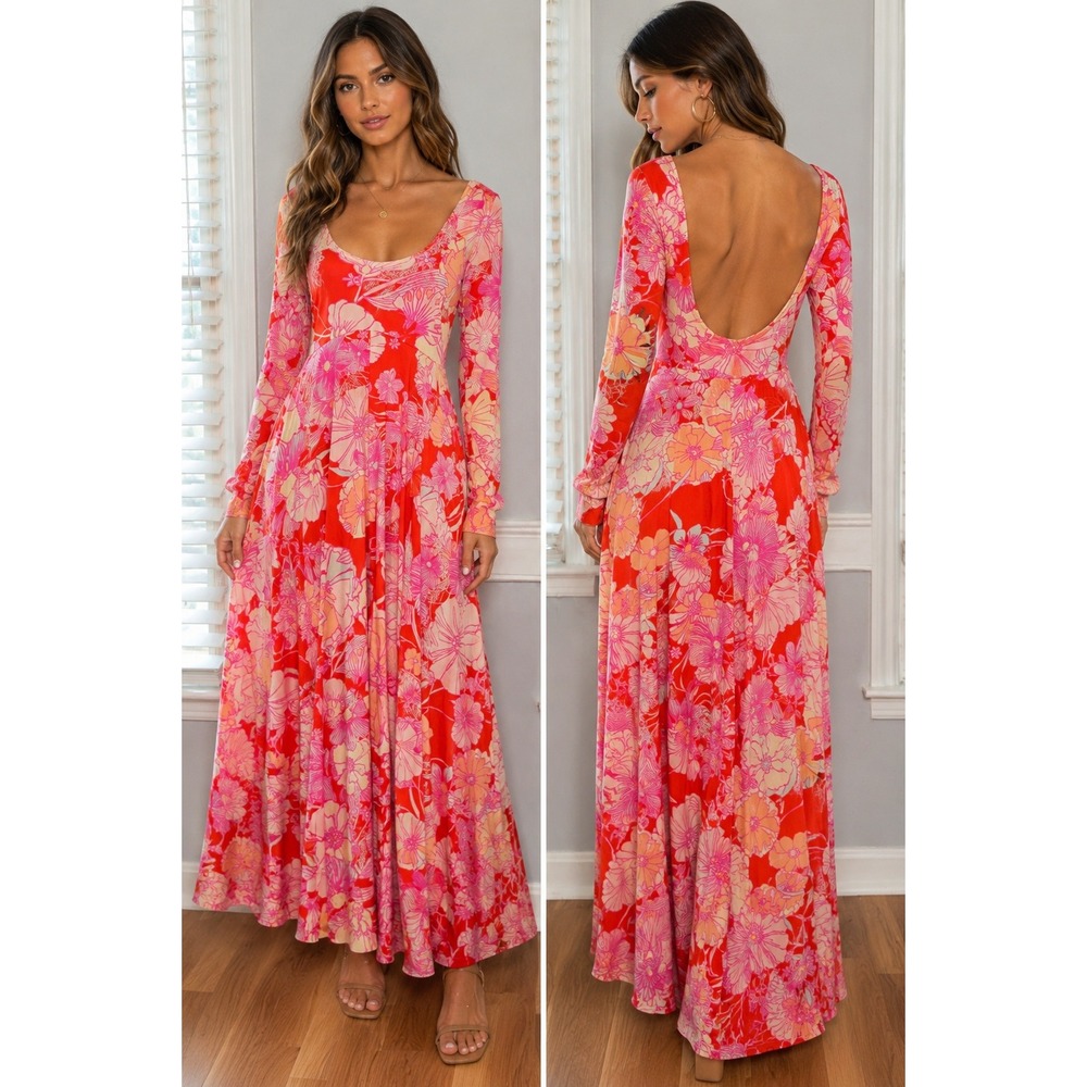 Free People Maxi Dress Floral Viscose Low Back Boho Red Pink Size M